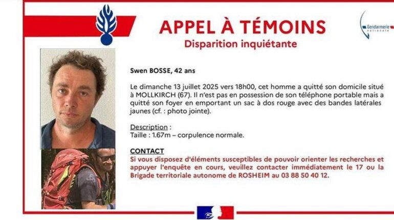 Swen, 42 ans, quitte son domicile avec un sac à dos rouge et disparaît : ce détail qui inquiète les gendarmes Appel à témoins disparition enquête faits divers Gendarmerie