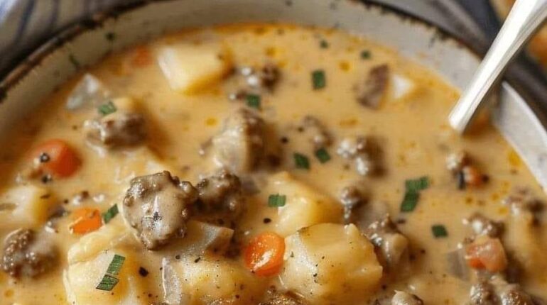 Soupe crémeuse pommes de terre-bœuf à la mijoteuse : la recette d’hiver qui transforme 6 ingrédients simples en plat réconfortant Bœuf Mijoteuse Plat réconfortant Pommes de terre Recette d'hiver Soupe