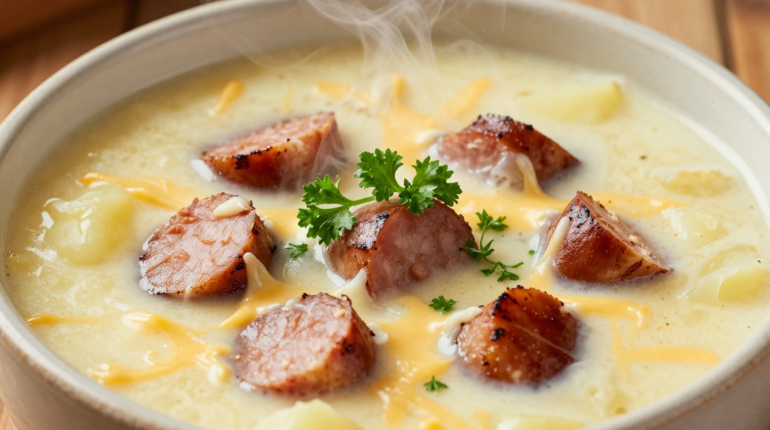 Soupe pommes de terre-saucisse fumée : comment une seule marmite transforme 6 ingrédients en plat réconfortant onctueux Cuisine simple Plat réconfortant Pommes de terre Recette facile Saucisse fumée Soupe