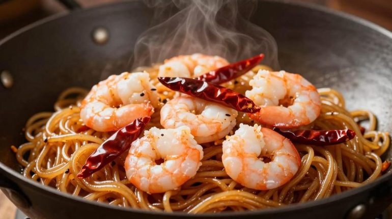 Crevettes Cuisine rapide Nouilles sautées Plat piquant Recette asiatique Recette facile 