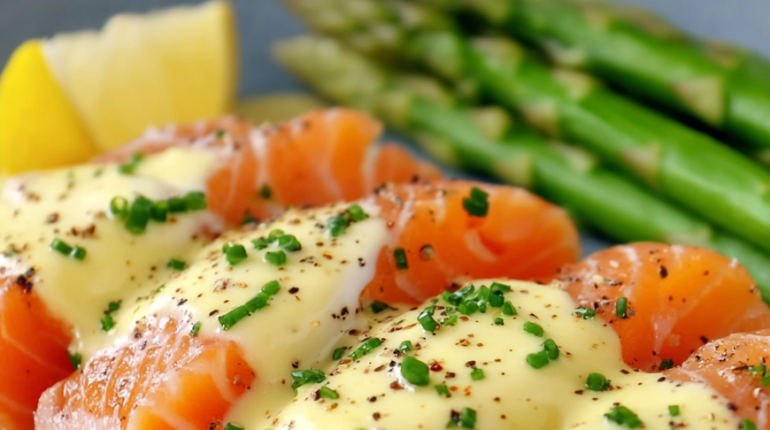 Asperges blanches Cuisine rapide Œuf poché Plat gastronomique Recette facile Sauce hollandaise Saumon fumé 