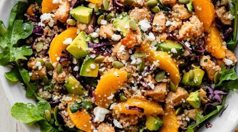 Agrumes Ailes de poulet Idée recette Meal prepping Pain sans gluten Quinoa Salade composée 