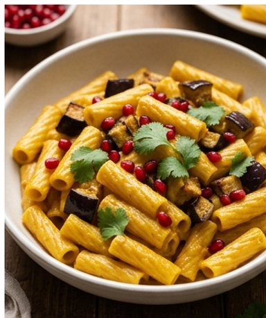 Elicoidali au curry peanut butter, aubergine et grenade