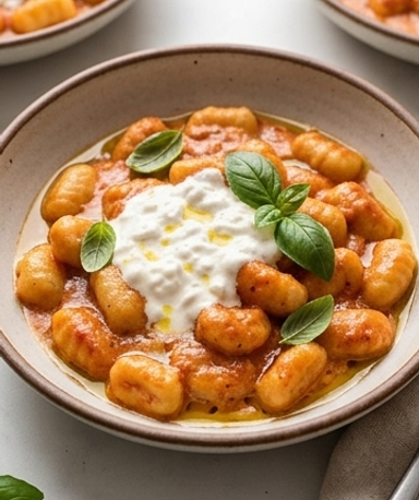 Gnocchi crémeux à la tomate et stracciatella