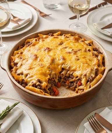 Nudelauflauf mit Rindfleisch und schmelzendem Käse