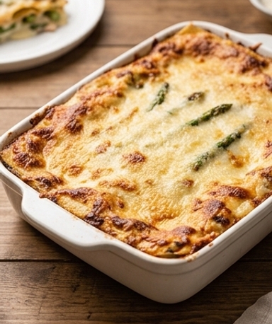 Lasagnes crémeuses aux asperges vertes et fromages fondants