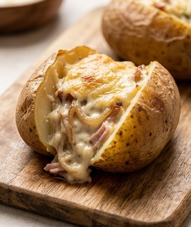 Pommes de terre farcies aux oignons caramélisés et émincé fumé