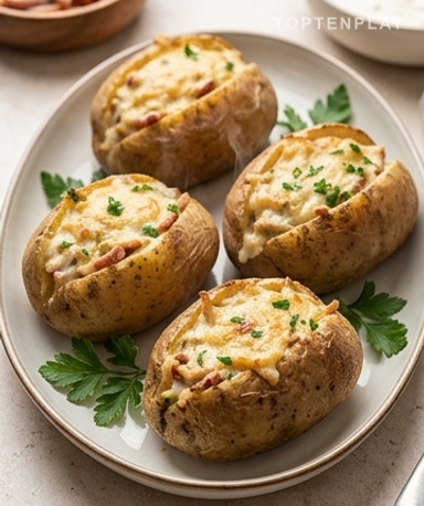 Pommes de terre farcies aux oignons caramélisés et émincé fumé : le cocooning dans une assiette