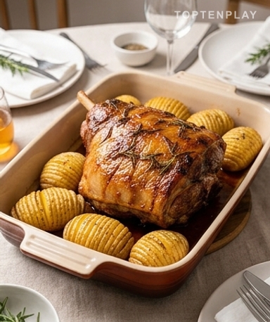 Rôti d'agneau au miel et romarin avec pommes de terre hasselback
