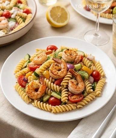 Nudelsalat mit Garnelen und Zitrone