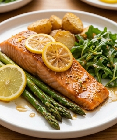 Saumon rôti citron-soja, asperges et pommes de terre au sésame
