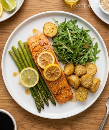 Saumon rôti citron-soja, asperges et pommes de terre au sésame