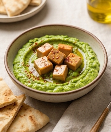 Tartinade printanière aux fèves, petits pois et foie gras de canard