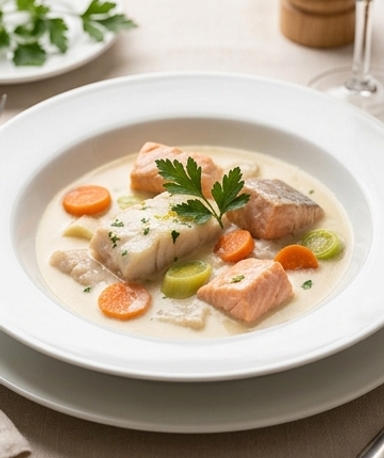 Blanquette de la mer : colin, saumon et pétoncles en sauce crémeuse