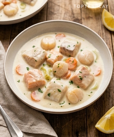 Blanquette de la mer : colin, saumon et pétoncles en sauce crémeuse