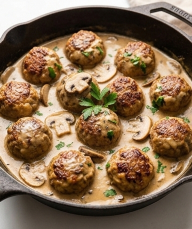Boulettes de viande maison, sauce crémeuse aux champignons