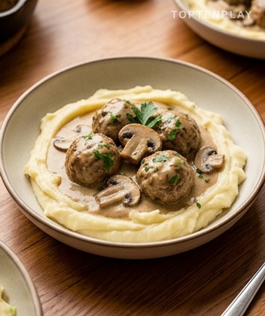 Boulettes de viande maison, sauce crémeuse aux champignons