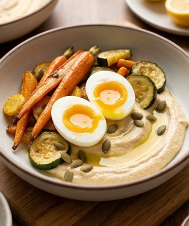 Bowl houmous, œufs mollets et légumes rôtis