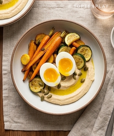 Bowl mit Hummus, weichgekochten Eiern und geröstetem Gemüse