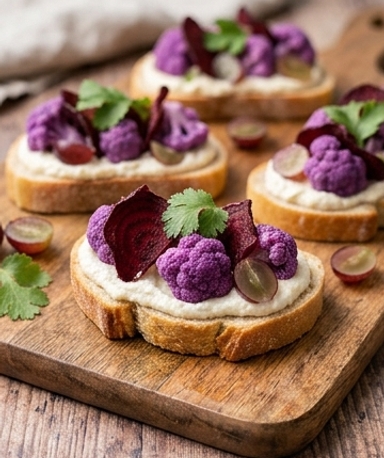 Bruschettas de chou-fleur violet, chips de betterave et crème parmesan