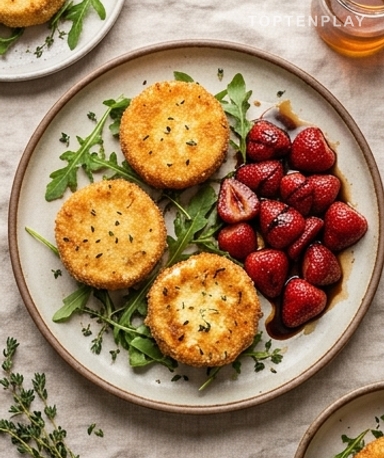 Panierte Cabécous mit Thymian und Balsamico-Röst-Erdbeeren