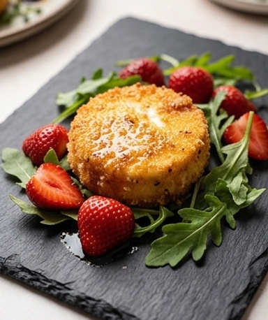 Cabécous panés au thym et fraises rôties au balsamique