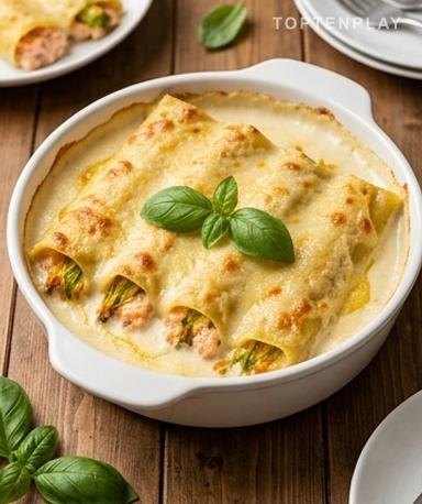 Mit Lachs, Ricotta und Zucchiniblüten gefüllte Cannelloni