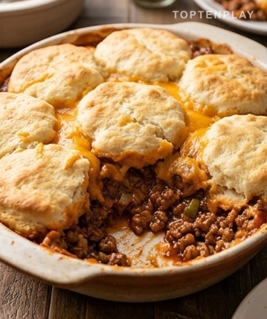 Casserole Sloppy Joe : viande fondante sous un biscuit doré et cheddar coulant