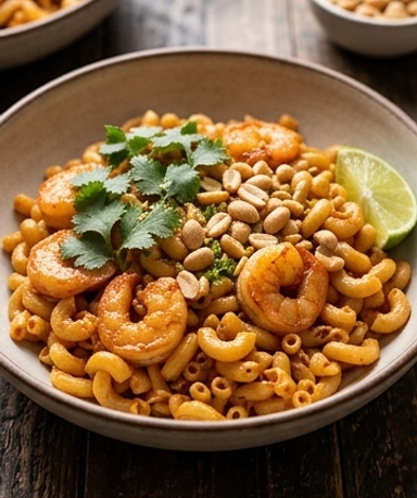 Coquillettes spicy aux crevettes sautées, gingembre et cacahuètes