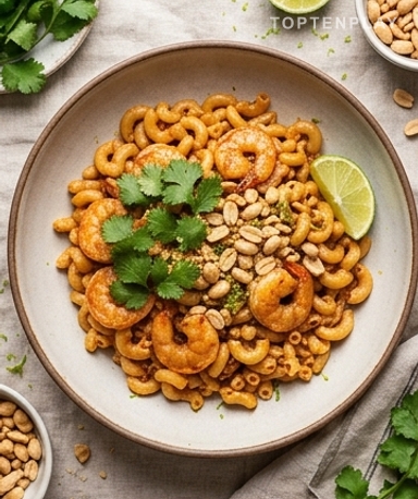 Spicy Coquillettes mit gebratenen Garnelen, Ingwer und Erdnüssen