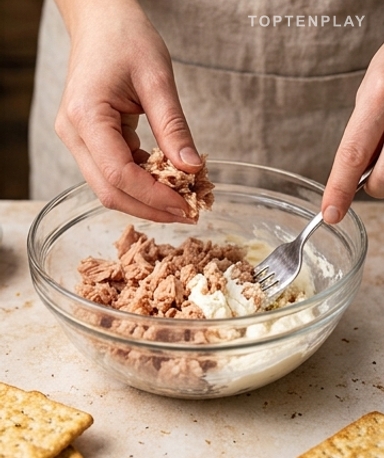 Lassen Sie den Thunfisch abtropfen, als hinge Ihre Creme davon ab
