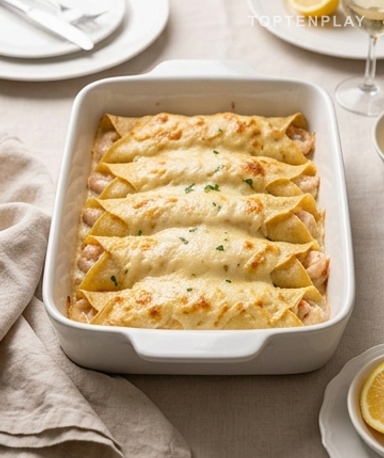 Gefüllte Crêpes mit cremigen Meeresfrüchten