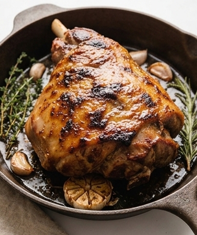 Épaule d'agneau confite au four à l'ail, miel et moutarde