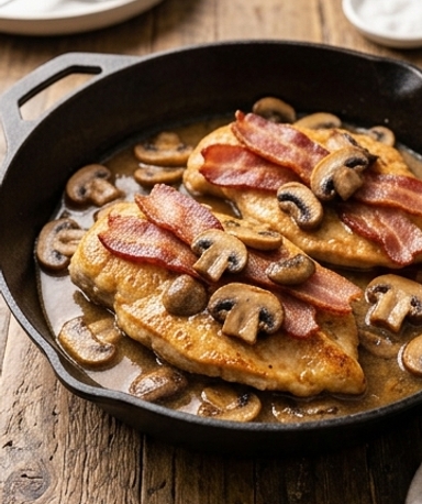 Escalopes au Bacon de Dinde et Champignons Poêlés