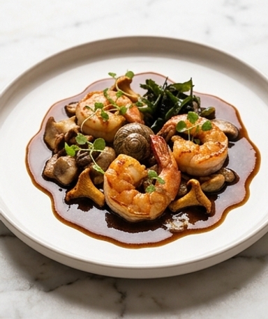 Gambas et Escargots aux Champignons Sauvages, Jus de Volaille et Algues Bretonnes