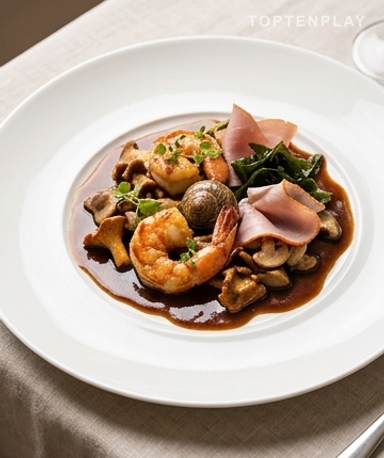 Gambas et Escargots aux Champignons Sauvages, Jus de Volaille et Algues Bretonnes