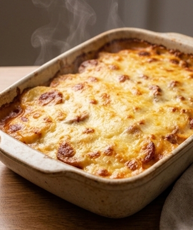Gratin de pommes de terre au chorizo de volaille, tomate et béchamel