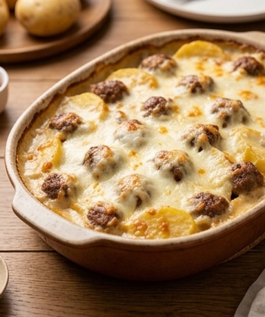 Gratin de pommes de terre aux boulettes de bœuf et mozzarella