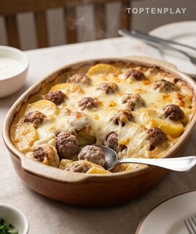 Gratin de pommes de terre aux boulettes de bœuf et mozzarella