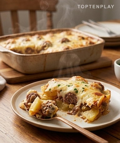 Gratin de pommes de terre aux boulettes de bœuf et mozzarella