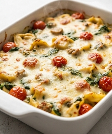 Gratin de Tortellinis au Pesto, Saucisse de Poulet et Mozzarella Fondante