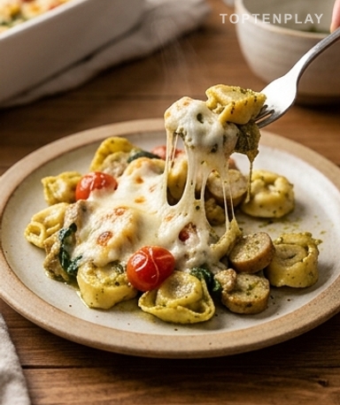 Tortellini-Auflauf mit Pesto, Hähnchenwurst und geschmolzenem Mozzarella
