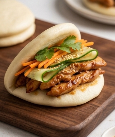 Gua Bao au Poulet Mariné et Légumes Croquants