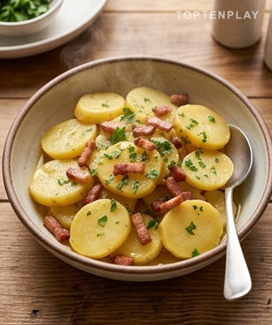 Kartoffelsalat : la vraie salade de pommes de terre allemande à la vinaigrette chaude