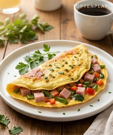 Gefülltes Omelett mit Truthahnschinken und Gemüse