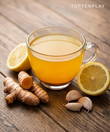 Goldenes Getränk mit Kurkuma, Zitrone und Knoblauch