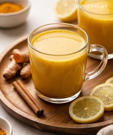 Goldenes Getränk mit Kurkuma, Ingwer und Zimt