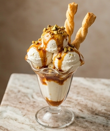 Sundae Trompe-l'œil : Feta Fouettée, Caramel Hot Honey et Torsades Feuilletées