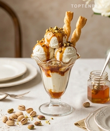 Trompe-l'œil Sundae: Aufgeschlagener Feta, Hot-Honey-Karamell und Blätterteigstangen