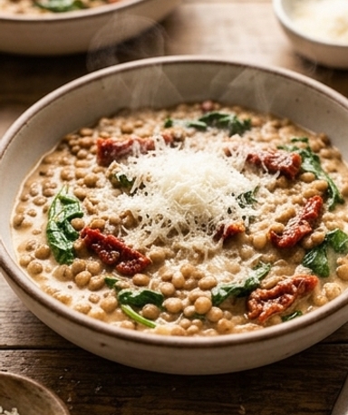 Lentilles Crémeuses « Marry Me » aux Tomates Séchées et Parmesan